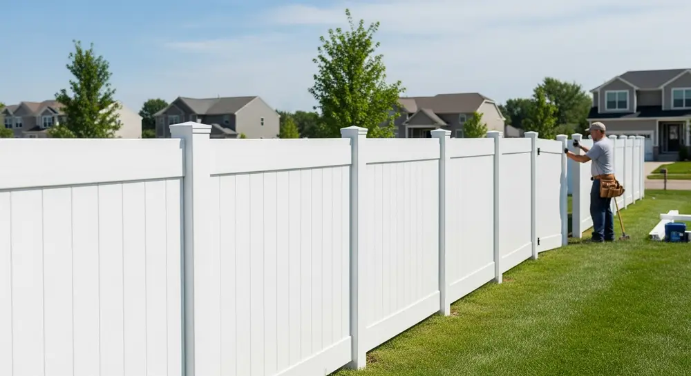 White vinyl PVC fence installation in residential front yard