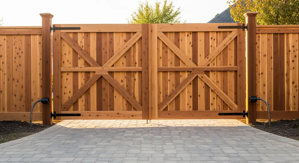 Custom cedar wood gate installation for residential driveway